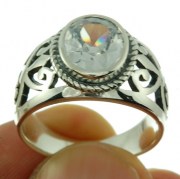 Engraved Style Ethnic Silver Ring set w Clear CZ, r2