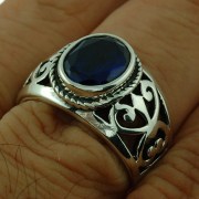 Engraved Style Silver Ring w Blue Sapphire CZ, r2