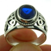 Engraved Style Silver Ring w Blue Sapphire CZ, r2