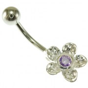 Hammered Style Amethyst CZ Flower Belly Button Navel Ring, f243