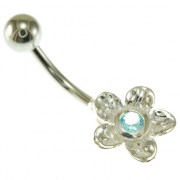 Hammered Style Blue Topaz CZ Flower Belly Button Navel Ring, f243