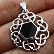 Hexagon Black Onyx Round Celtic Knot Silver Pendant, p474