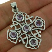 Large Jerusalem Cross Silver Pendant w Amethyst, p266