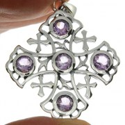 Large Jerusalem Cross Silver Pendant w Amethyst, p266