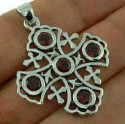 Large Jerusalem Cross Silver Pendant w Garnet, p266