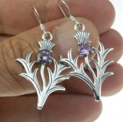 Large Thistle Silver Earrings w faceted Amethyst