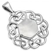 Hexagon Mother of Pearl Round Celtic Knot Silver Pendant, p474