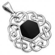 Hexagon Black Onyx Round Celtic Knot Silver Pendant, p474