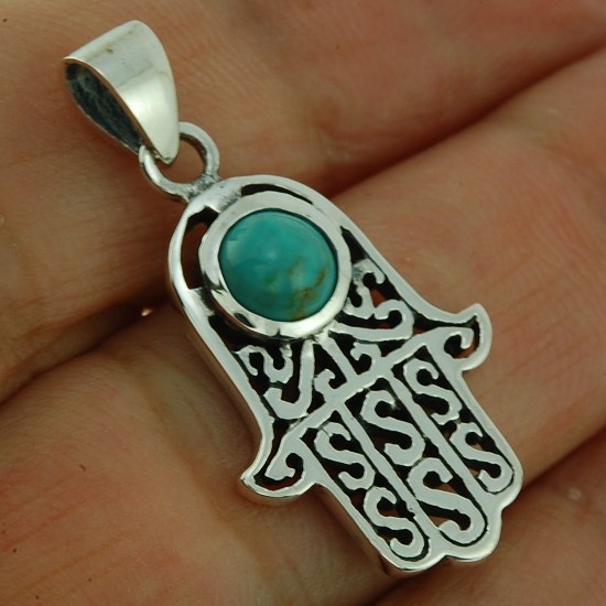 Stone Pendants: Turquoise Hamsa Silver Pendant, p365